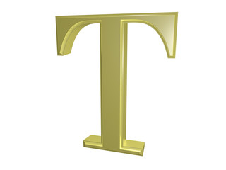Gold letter T isolated on white, 3d illustration