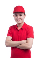 Delivery man in red uniform isolated on white background