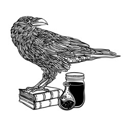 mystical crows zentangle style. magic items, poison, book. Good for T-shirt, bag, coloring book or whatever print. vector illustration. label can be removed