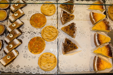 French pastries on display a confectionery shop or bakery