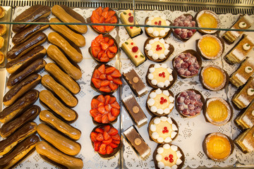 French pastries on display a confectionery shop or bakery