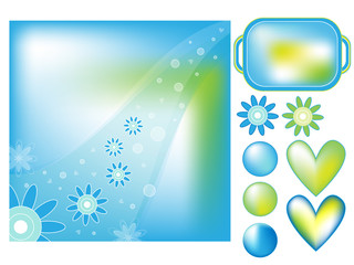 Blue green and white background, flowers, tag and hearts