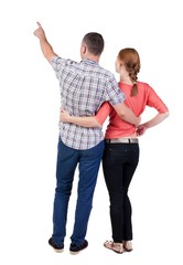 young couple pointing. Back view.  Rear view people collection.  backside view of person.  Isolated over white background.