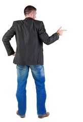 young expert looks ahead. rear view. Isolated over white . 