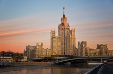 Fototapeta na wymiar Moscow, high-rise building on Konelnicheskaya Embankment on a sunset, Russia