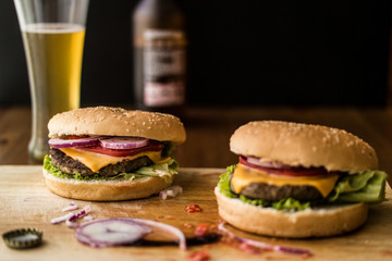 Homemade Hamburgers with Beverage.
