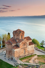 St John Kaneo church, Lake Ohrid at sunset, Macedonia - obrazy, fototapety, plakaty