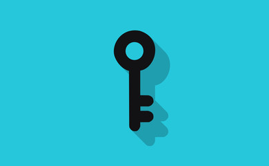 Vector black key symbol with long shadow on flat background