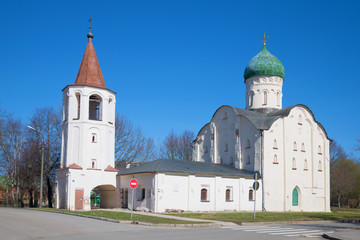 Orthodox church of Theodore Stratelates on the brook (1360), sunny april day. Veliky Novgorod, Russia