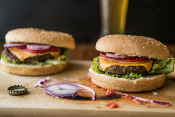 Homemade Hamburgers with Beverage.