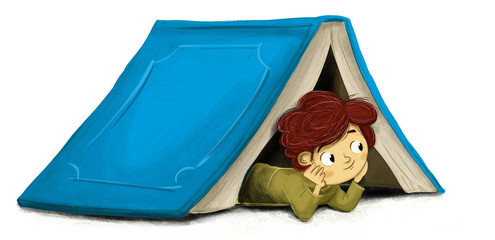 Niño libro tienda de campaña aislado © malosdedos