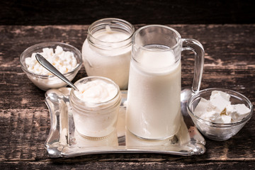 Dairy products,healthy food on wooden table