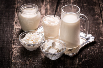 Dairy products,healthy food on wooden table