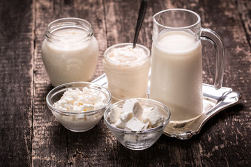Dairy products,healthy food on wooden table