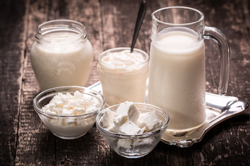 Dairy products,healthy food on wooden table