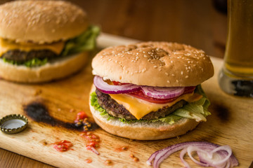 Homemade Hamburgers with Beverage.