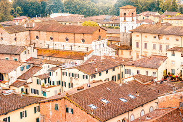 Top view on the old buildings in the old town of Lucca in Italy