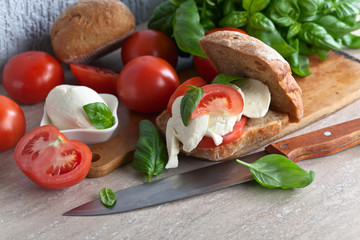 Sandwich with mozzarella, tomato and basil