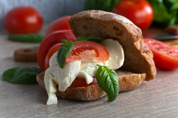 Sandwich with mozzarella, tomato and basil