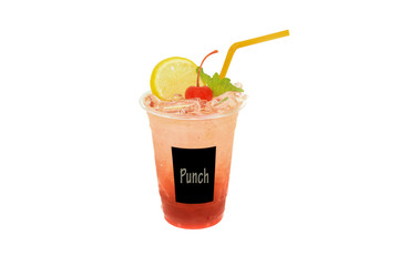 A glass of colorful punch with ice  In Plastic cup. on isolate background