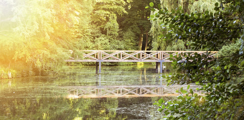 Idyllic nature banner - pond and wooden bridge in a beautiful green forest