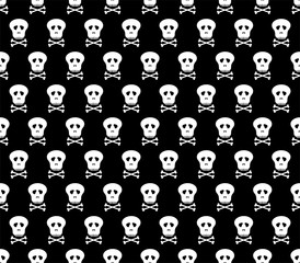 Background with white human skull in a row side by side and under each other alternately with black holes from the eyes and nose with teeth and bones crossover below the skull on a black backdrop