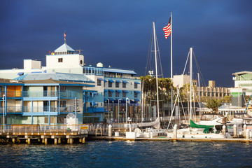 Oakland, California waterfront buildings and marina - 120200371
