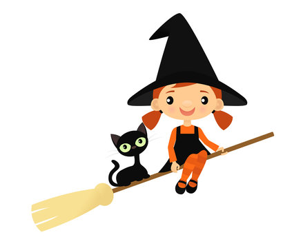 Cute little witch and black cat on a broom