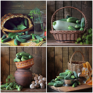 Collage from still life with cucumbers. Vegetables in the basket