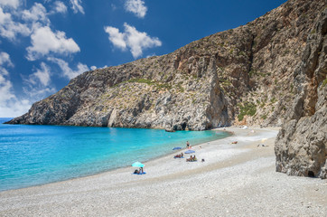Fototapeta na wymiar Agiofarago beach, Crete island, Greece. Agiofaraggo is one of the most beautiful beaches in Crete. It is surrounded by cliffs and rocks.
