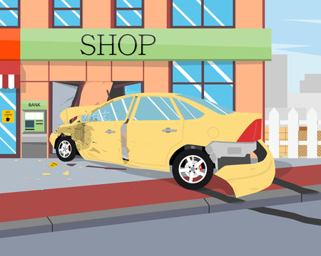 The driver felt bad and he lost control crashed into a house. Vector illustration