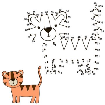 Connect the dots to draw a cute tiger and color it