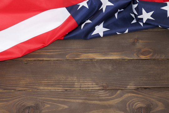 American flag wooden background.The Flag Of The United States Of America. The place to advertise, template.The view from the top.