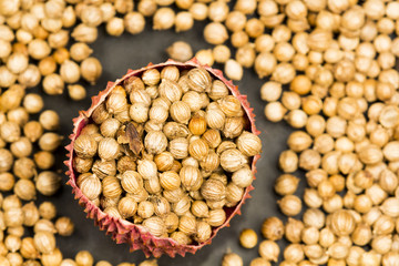 Coriander seeds with litchi peel on black background
