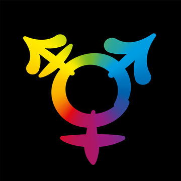 Transgender icon - rainbow gradient colored symbol, pleasant rounded typeface on black background.