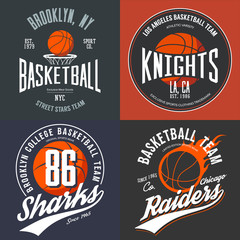 T-shirt design for basketball fans for usa new york brooklyn street team, knights college team and chicago raiders with balls emblems. Can be used for banner on sportswear or sport gear logotype
