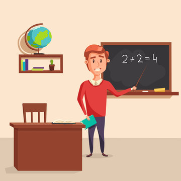 Mathematics teacher with pointer in blackboard with chalk showing arithmetic number calculation. Books and globe on shelf behind table with class journal. Good for educational and lesson theme