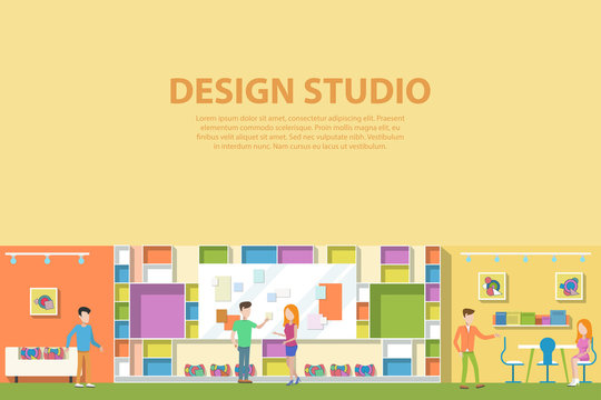 Creative graphic studio design interior. Creative artist corporate advertising agency making web paints or advertisements. Workplace or workspace with man and woman talking about concept ideas.