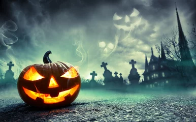 Foto op Plexiglas Pumpkin Burning In A Graveyard With Ghost Nightmare   © Romolo Tavani