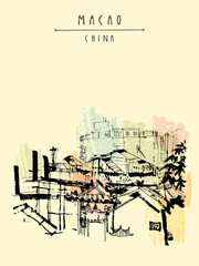 Upper view of Macao from the ruins of St. Paul's Cathedral. Macau, China, Asia. Traditional Chinese houses. Vintage hand drawn postcard