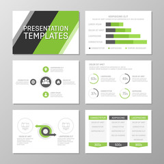 Set of gray and green template for multipurpose presentation slides with graphs and charts. Leaflet, annual report, book cover design.