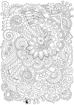 Coloring book for adult and older children. Coloring page with flowers and decorative elements