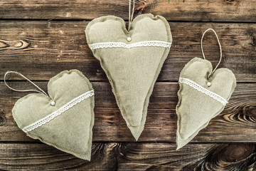 Textile decorative pillows in shape heart, christmas decoration hanging