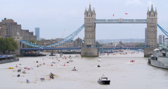 View of hundreds of rowing boats on the river Thames at Tower bridge in London