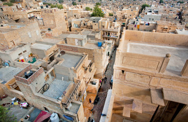 High point view on the streets of poor area in historical indian town Jaisalmer