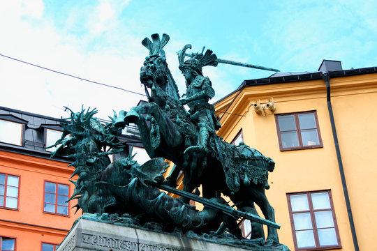 Stockholm. Old sculpture representing a symbol of the city - st. George icon