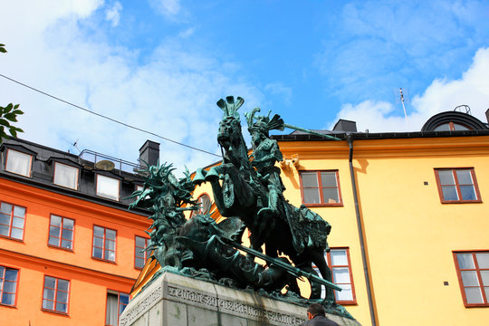 Statue of Sankt Goran & the Dragon in Stockholm, Sweden - a bronze