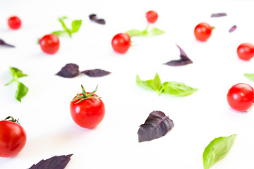 Colorful pattern made of cherry tomatoes, purple and green basil on white background. Cooking concept.