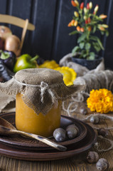 Homemade caviar of vegetables - squash, zucchini, tomatoes, onions, carrots, bell peppers and hot peppers  