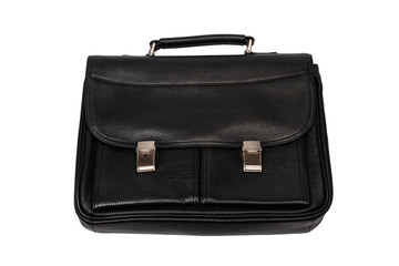 Big black briefcase with two shiny locks. Object on a white background.